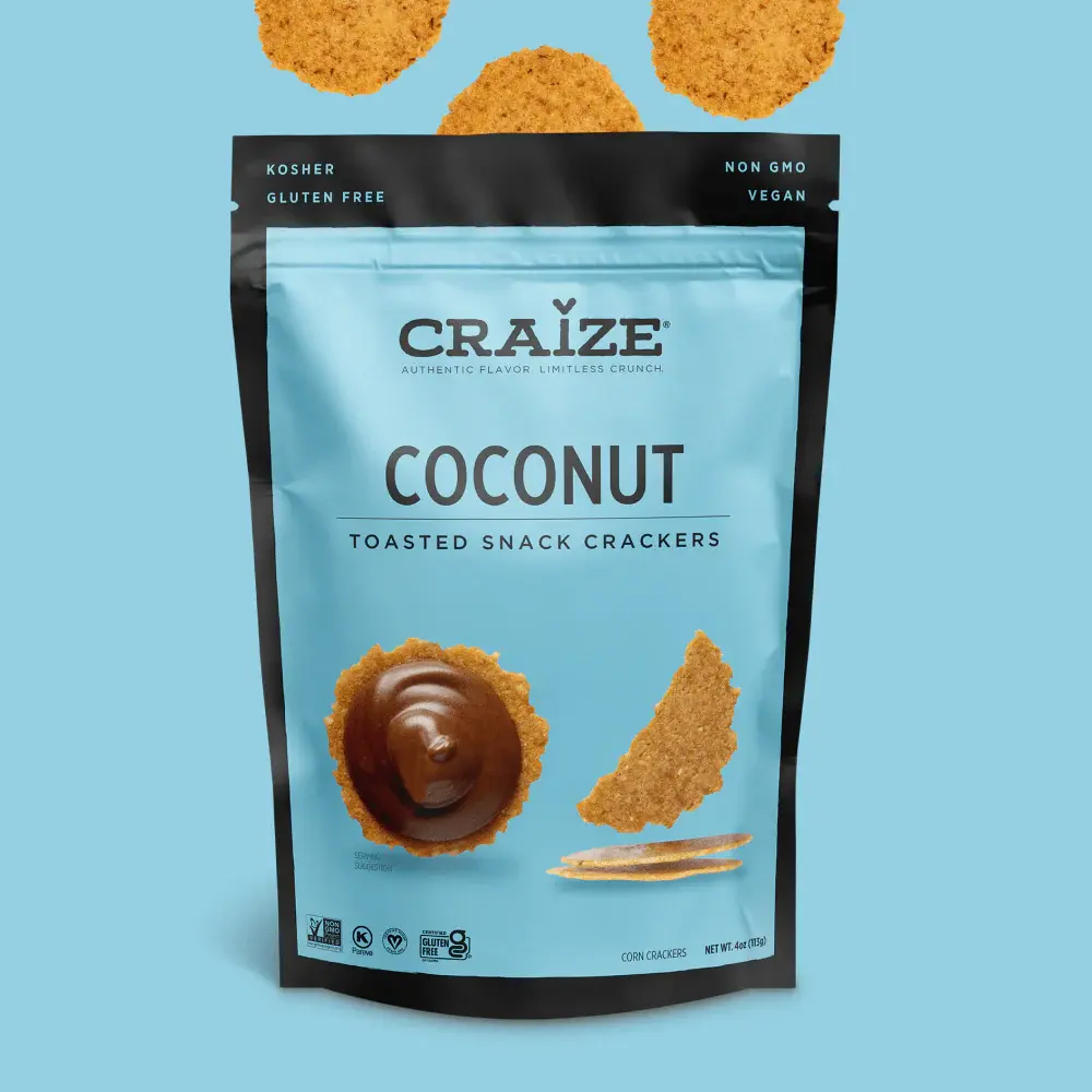Craize Coconut Toasted Snack Crackers bag on a light blue background.