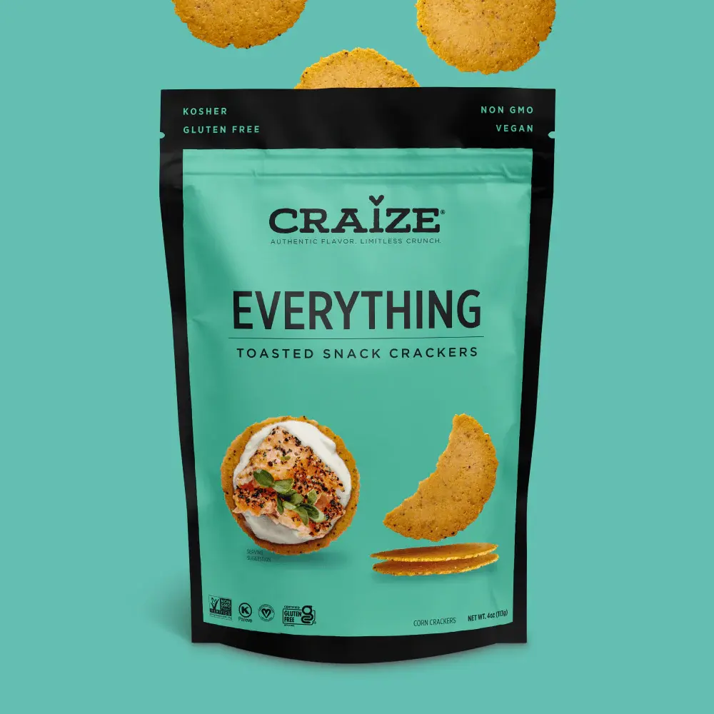 Craize Everything Toasted Snack Crackers bag on a teal background.