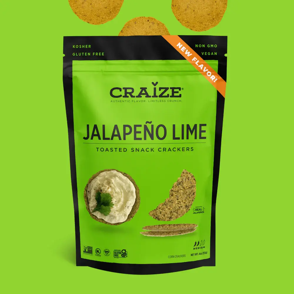 Craize Jalapeño Lime Toasted Snack Crackers bag on a green background.