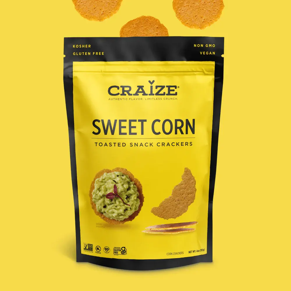 Craize Sweet Corn Toasted Snack Crackers bag on yellow background.