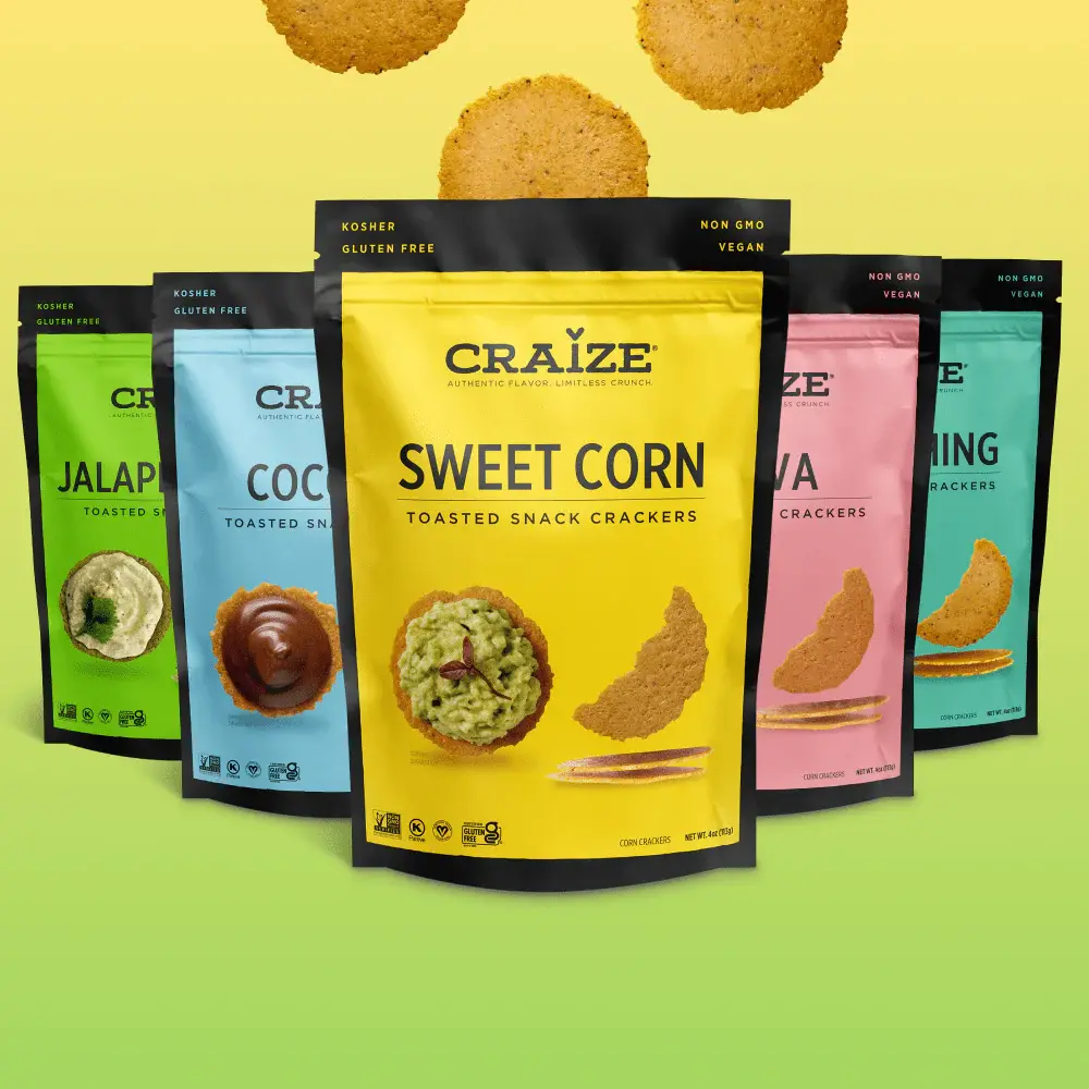 Craize Snacks variety pack lineup of five cracker bags on yellow background.